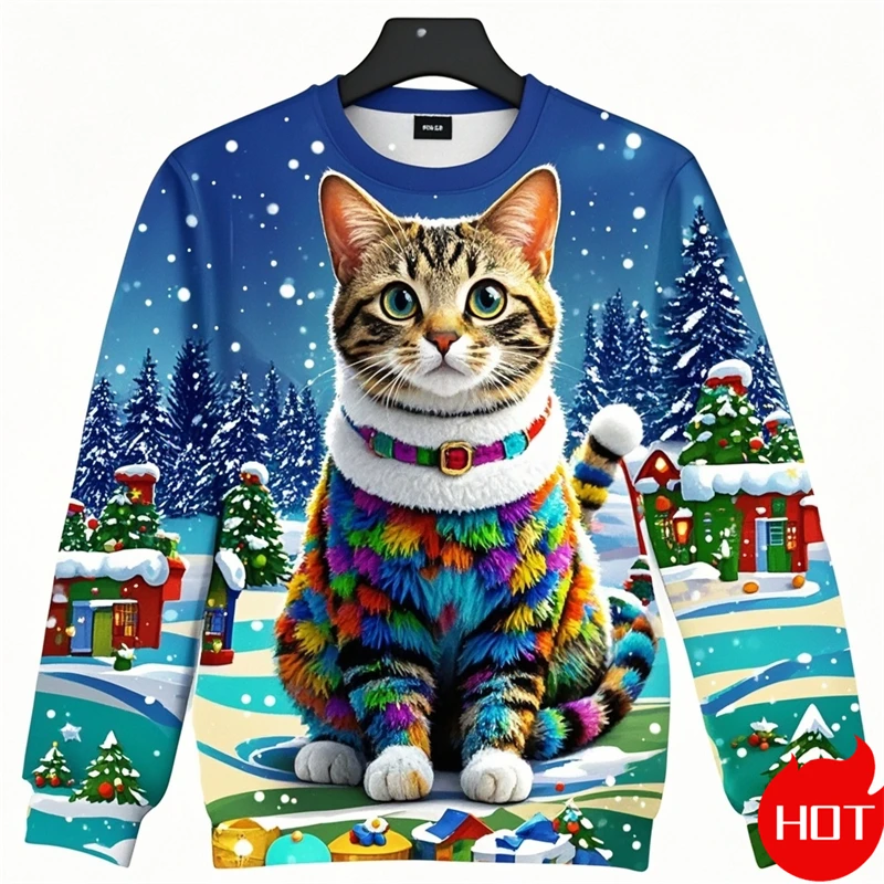 Fashion 2024 Ugly Christmas Sweater Fun Xmas Anime Cat Graphic Sweatshirt Pullovers Boys Kids Crewneck Polyester Tracksuit Tops