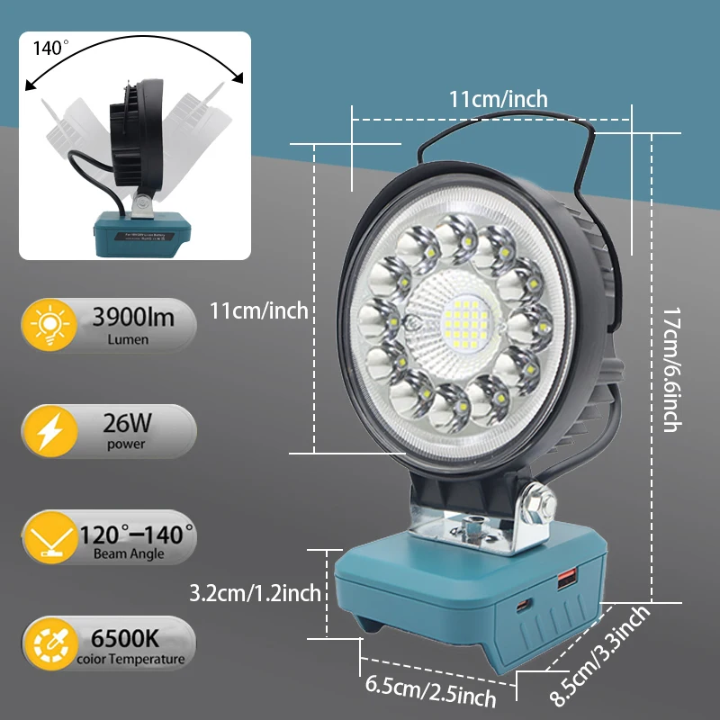 Portable LED Work Light for Makita 18V Battery-Job Site Lighting-30W 4500LM with USB & TypeC Charging and Low Voltage Protection