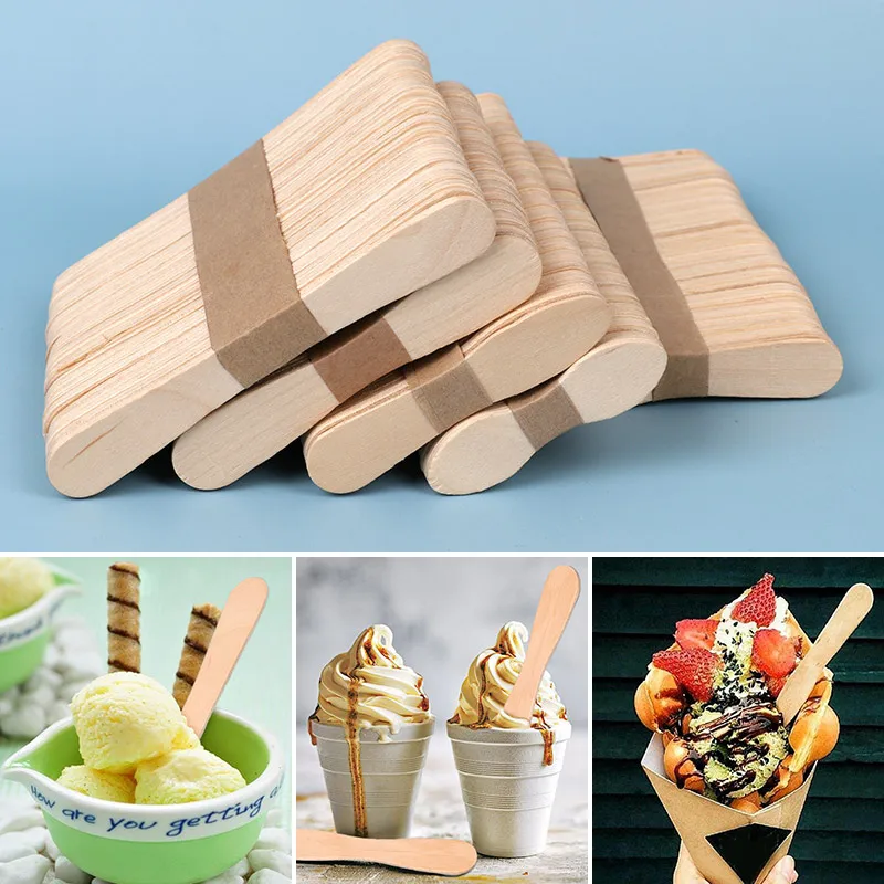 50/100Pcs Wood Ice Cream Sticks Natural Homemade  Ice Cream Dessert Scoop Spoons Popsicle Sticks Making Accessories