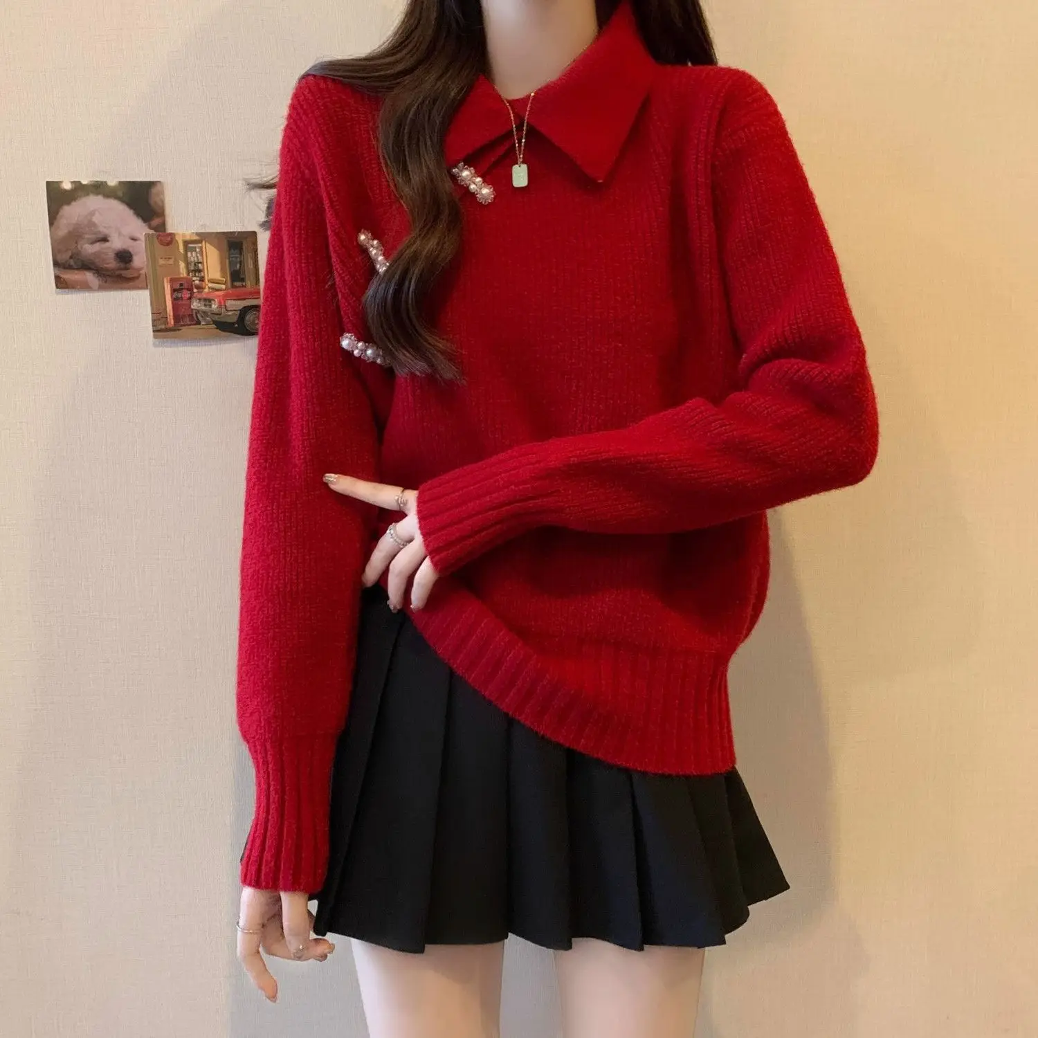 Autumn Winter Red Sweater Women 2024 New Year Christmas Unique Top New Chinese Style Warm Festive Turn-down Collar Trend Fashion