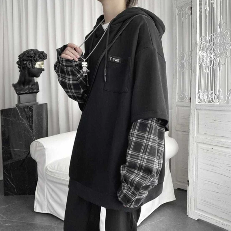 Fake Two Piece Plaid Patchwork Black White Oversize Harajuku Korean Fashion Casual 2022 Hoodie Long Sleeve Autumn Men Sweatshirt