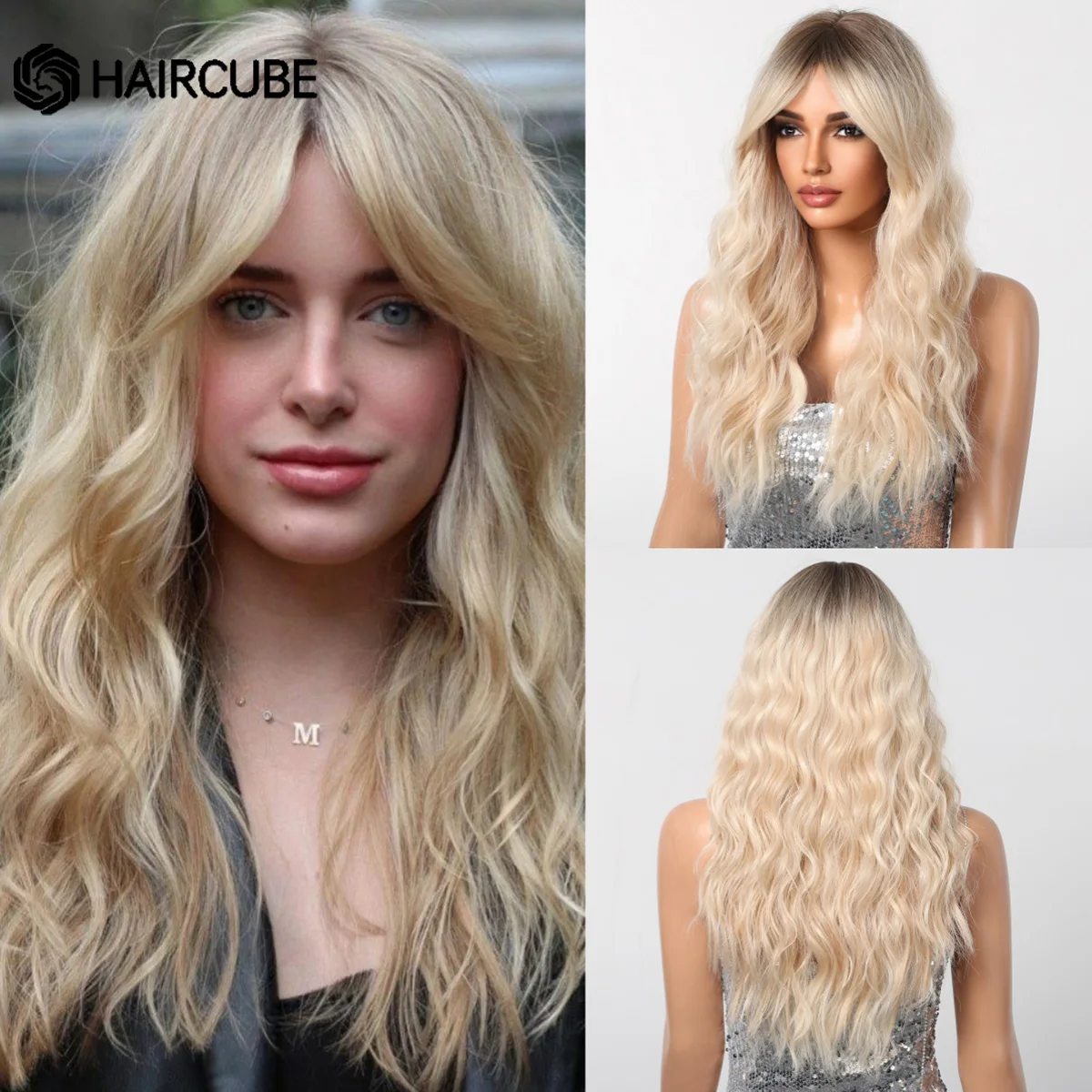 

HAIRCUBE длинные волнистые синтетические парики для женщин от коричневого до светлого цвета с челкой из натурального термостойкого волокна для рождественской вечеринки