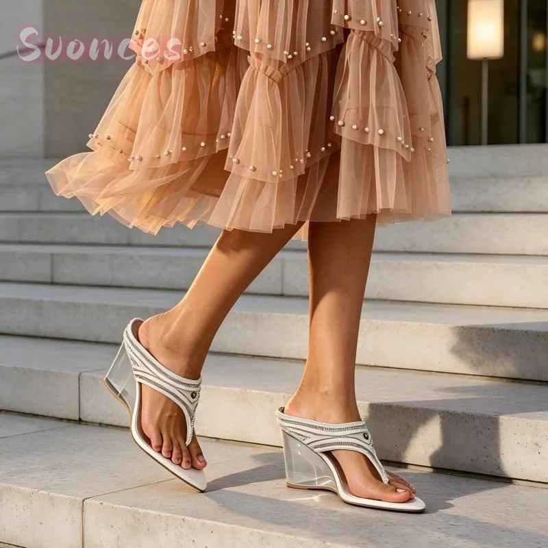 Pearl Rhinestone V Strap Mules Smooth Multi Strand Sharp Pointed Toe Clear Tall Transparent Beach Bridal Party Open Toe Footwear