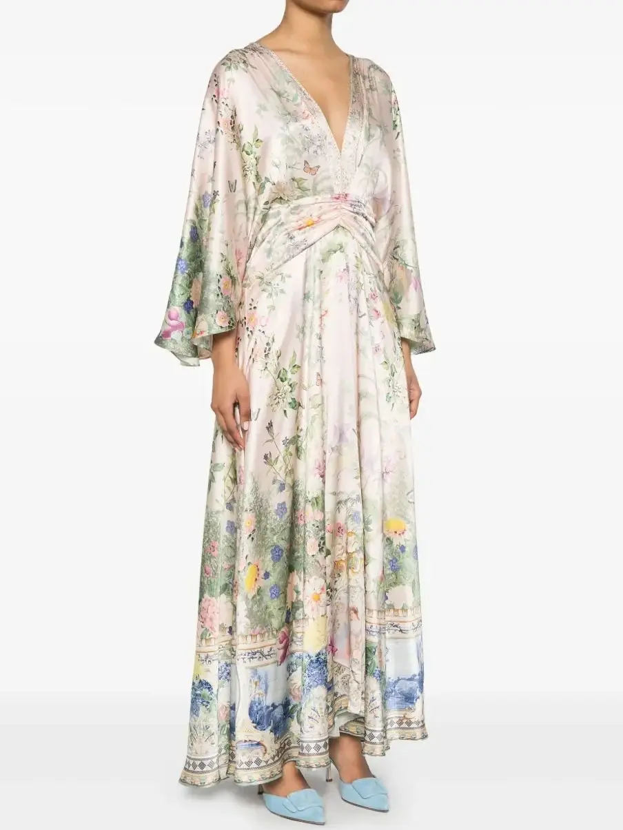 Robe Maxi en soie pour femmes, 100%, imprimé floral, perles de cristal, col en v, manches évasées, taille haute, élégante, nouvelle collection 2025