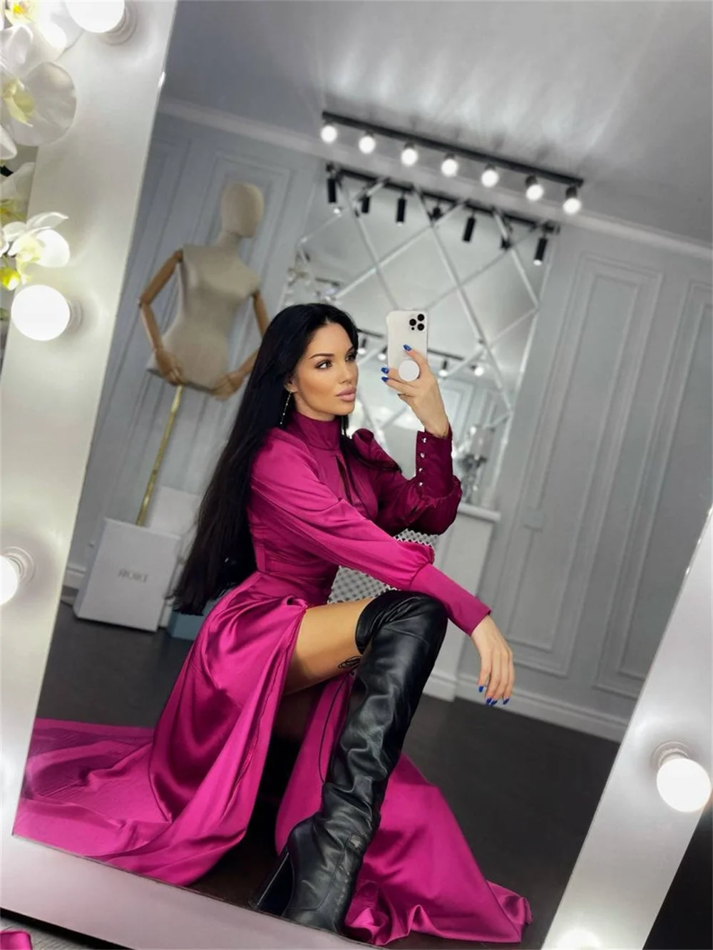 Satin Long Sleeve Prom Dresses 2023 Women's Elegant Formal Occasion Party Gowns High Split with Flounce Long Bridesmaid Dresses