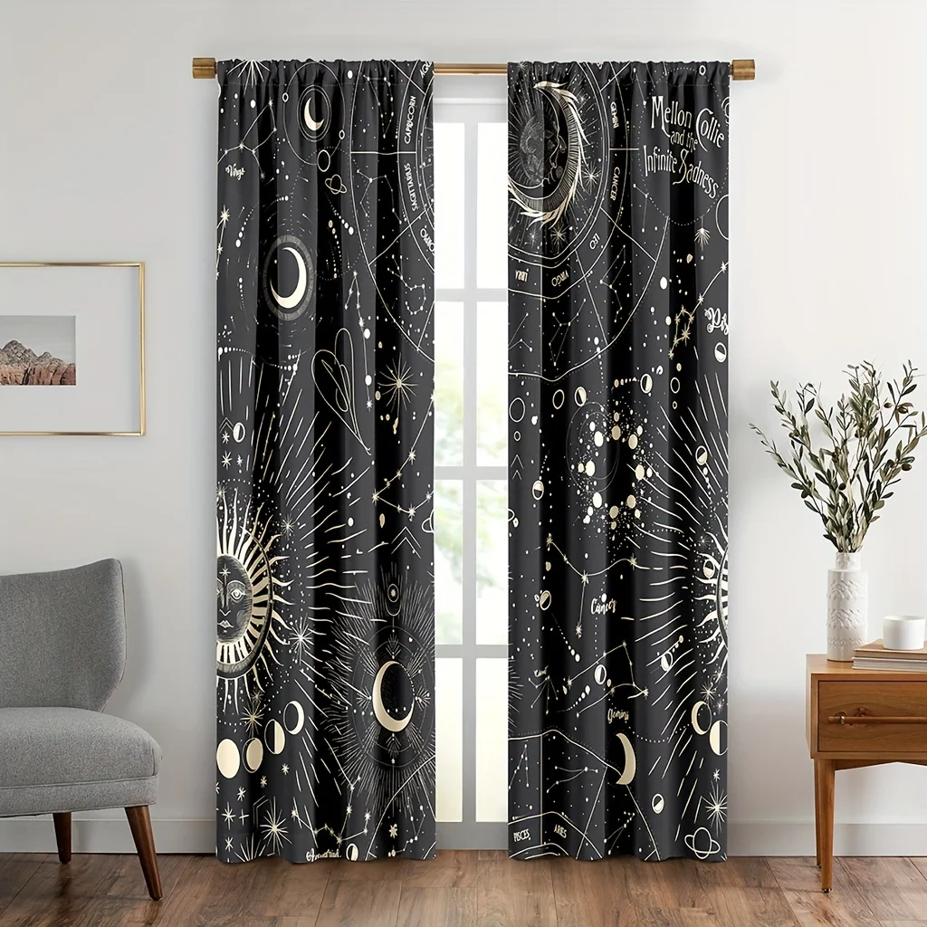 Astrology Themed Curtain Set - Zodiac Signs & Crescent Moon Design, Gothic Style Semi-Sheer Drapes for Living Room & Bedroom