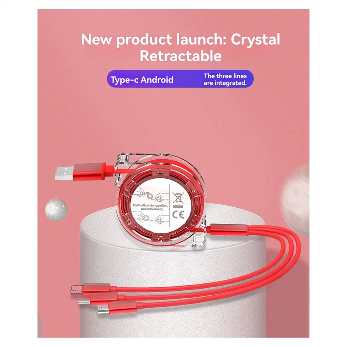 

(ABDH) Retractable Charging Cable 0.9m 3in1 Charger Cord Adapter Connector with Type C&Micro-USB Connectors&for Apple Interface