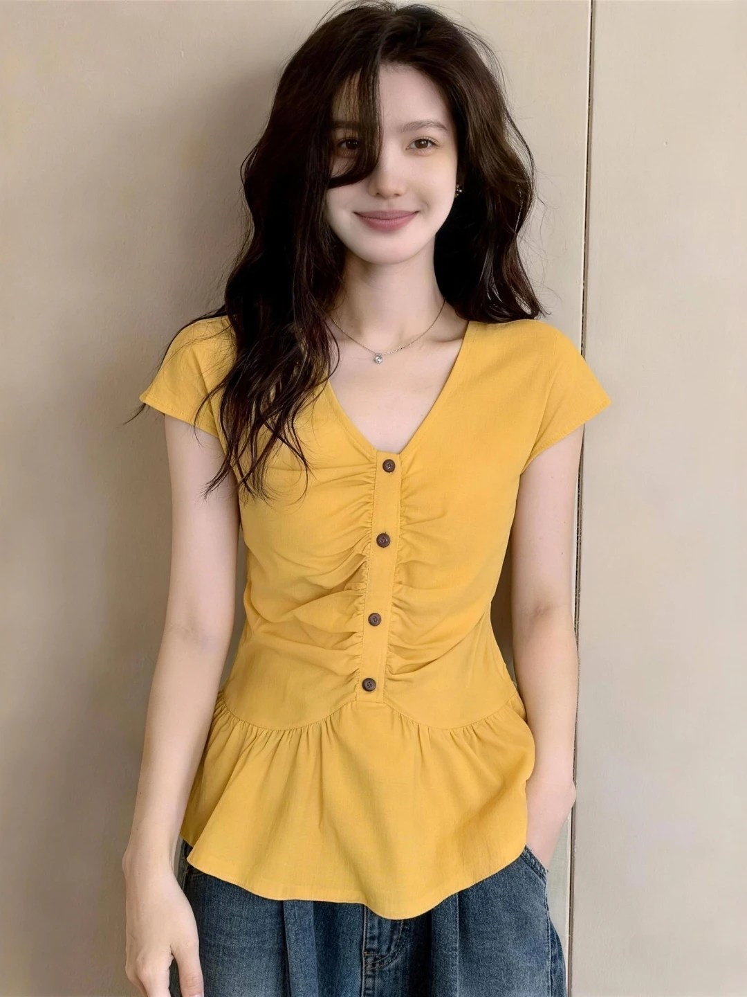 

Stylish V-Neck Pleated Short Sleeve Shirt Women's Summer plus Size Beautiful Slimming Top Korean Style Commute Fashion