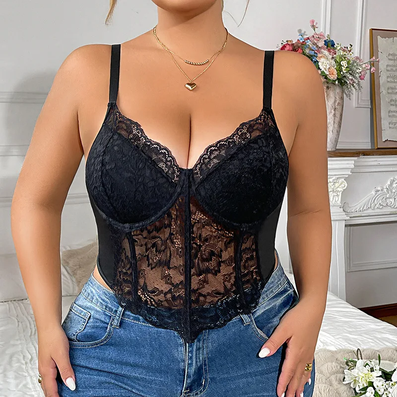 

Women's XL-4XL Plus-size Full-bodied Bra Lace Lingerie Black Simple and Basic Sexy Oversized Size Halter Top Sexy Set