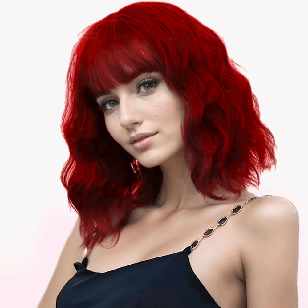 

Red Synthetic Wavy Curly Bob Wig with Bangs Short Wavy Hair for Women Synthetic Heat Resistant Bob Wigs