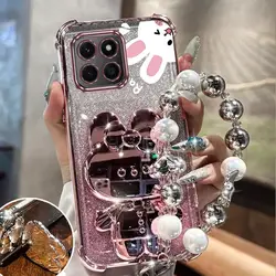 Airbag Glitter Mirror Rabbit Phone Holder Case On For Huawei Honor X6 X6A X6B X7 X7A X7B X8 X8A X8B X9 X9A X9B Plus 4G 5G Cover