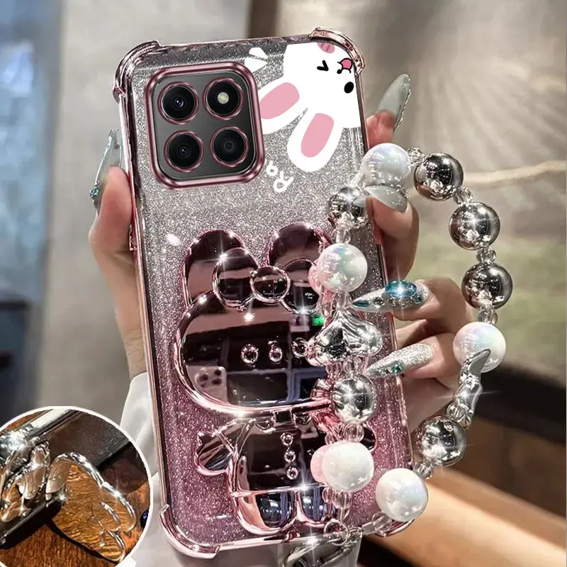 Airbag Glitter Mirror Rabbit Phone Holder Case On For Huawei Honor X6 X6A X6B X7 X7A X7B X8 X8A X8B X9 X9A X9B Plus 4G 5G Cover