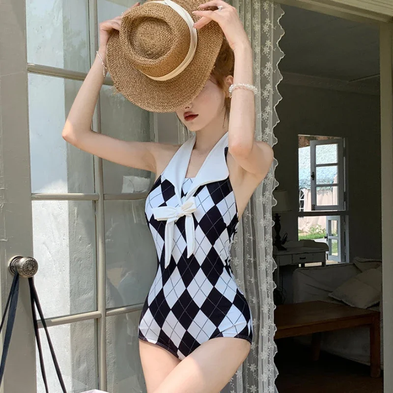 Trendy Swimwear Sweet Style Summer Beach Women Bikini Hanging Neck Suit Collar Bow Temperament Simple Diamond Black&white Plaid