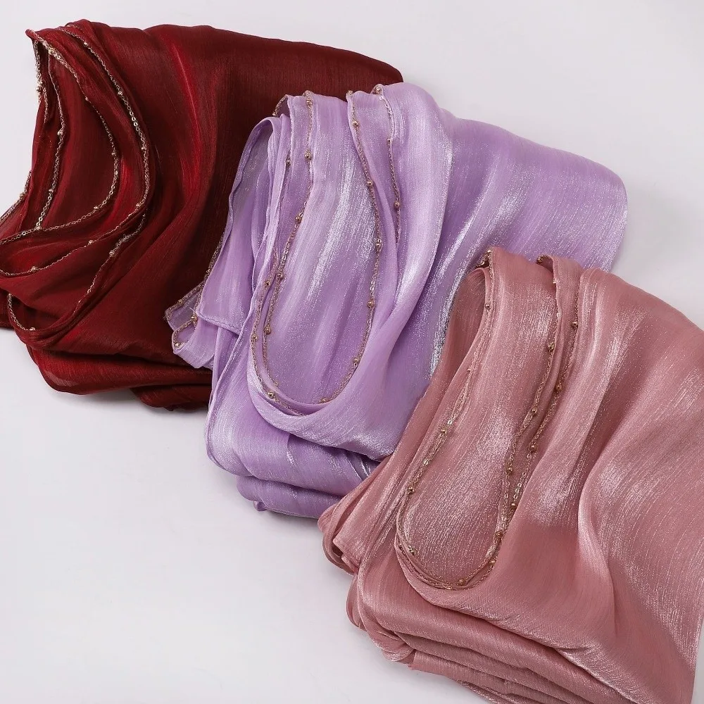 

Fashion Solid Color Silk Scarf Unilateral golden chain Shining Chiffon Hijab Veil Long Soft Head Wrap Outdoor