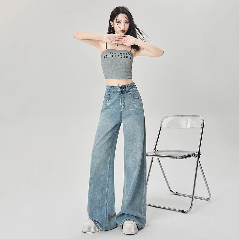 

Повседневные свободные прямые джинсы с высокой талией, женские винтажные потертые синие джинсовые брюки, американские модные джинсы Y2k