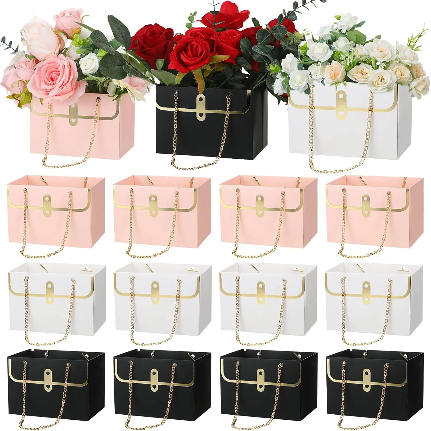 24 Bolsas de Papel para Flores con Asa para Ramos, Regalos de Boda, Decoración del Día de la Madre en Rosa, Blanco y Negro