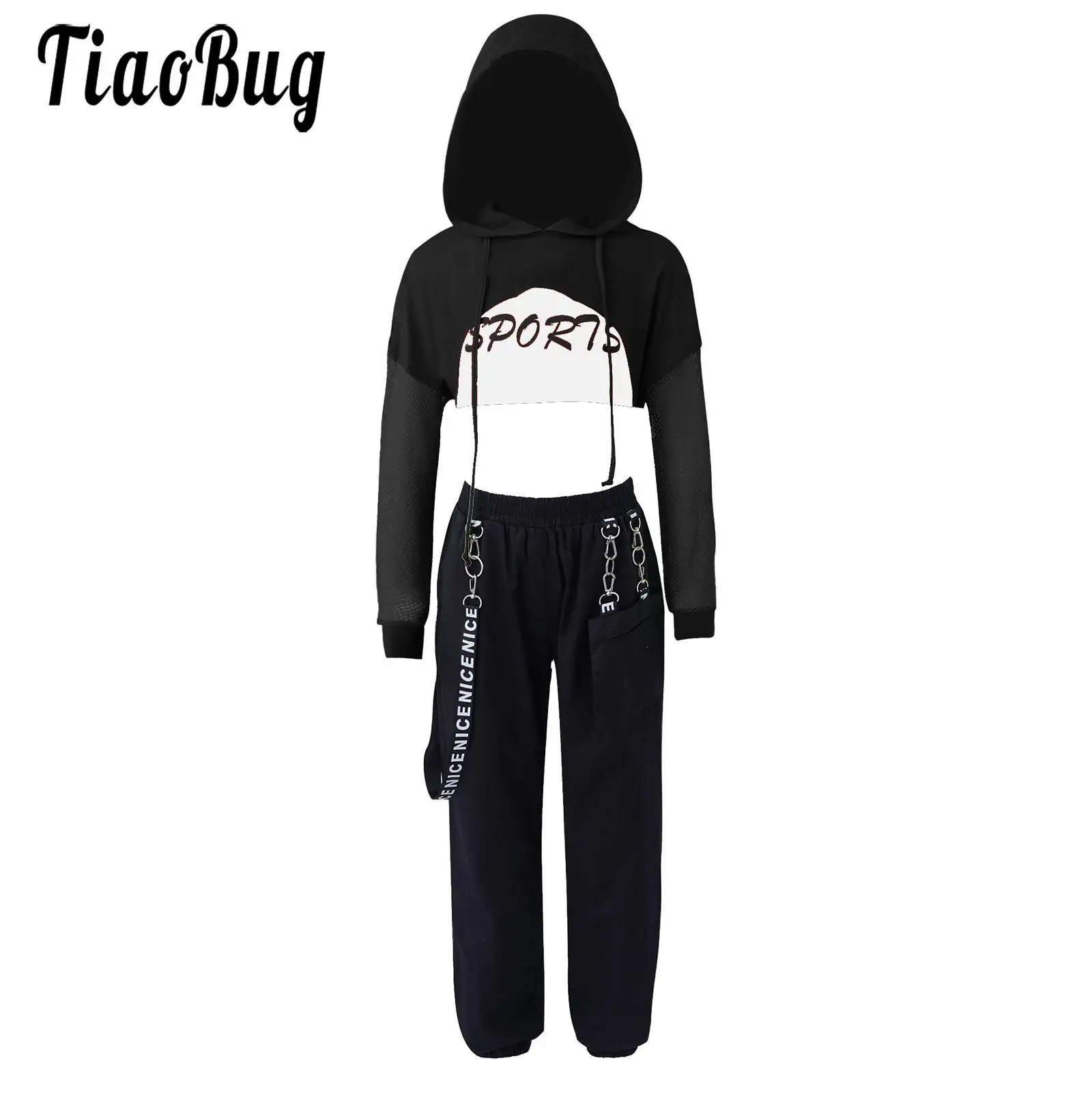 

Kids Girls Hip Hop Jazz Modern Dance Costume Teen Hooded Long Sleeves Net Cover Up Tops Sleeveless with Crop Vest Pants Outfits