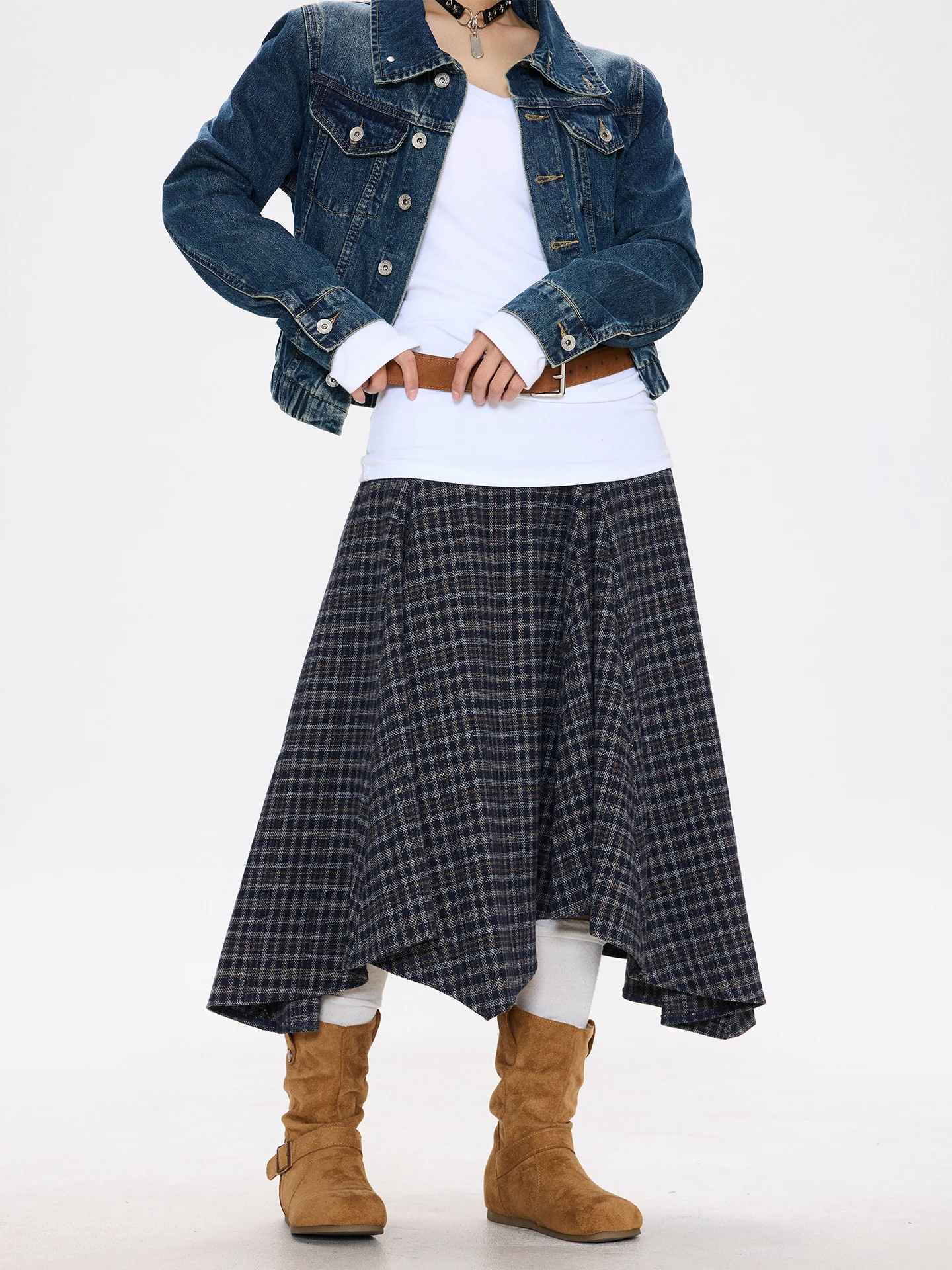 

i Girl f Skirt Wool Blend k Plaid Asymmetrical Loose Slimming Midi Skirt Mian Nian Old op A-Line Skirt