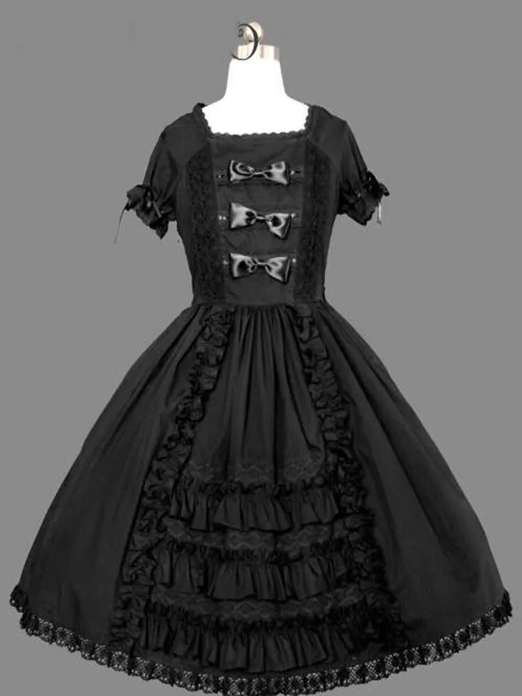 

Classical Lolita Dress Cotton Short Sleeve Bows Layered Ruffles Lace Up Back Lolita One Piece Dress