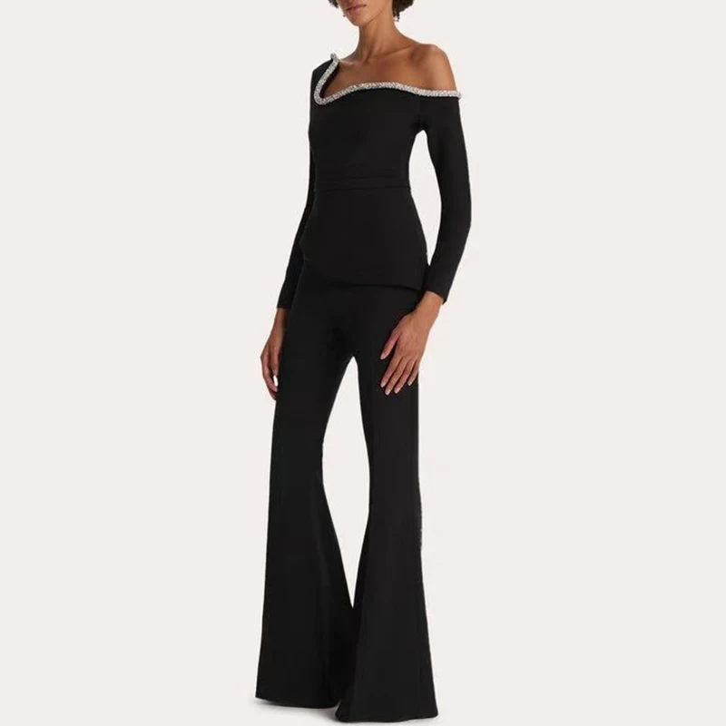 Sexy Asymmetrical Slim High Waist Jumpsuit 2024 New Women Fashion Short Sleeved Party Romper Elegant Summer Flare Pants Playsuit