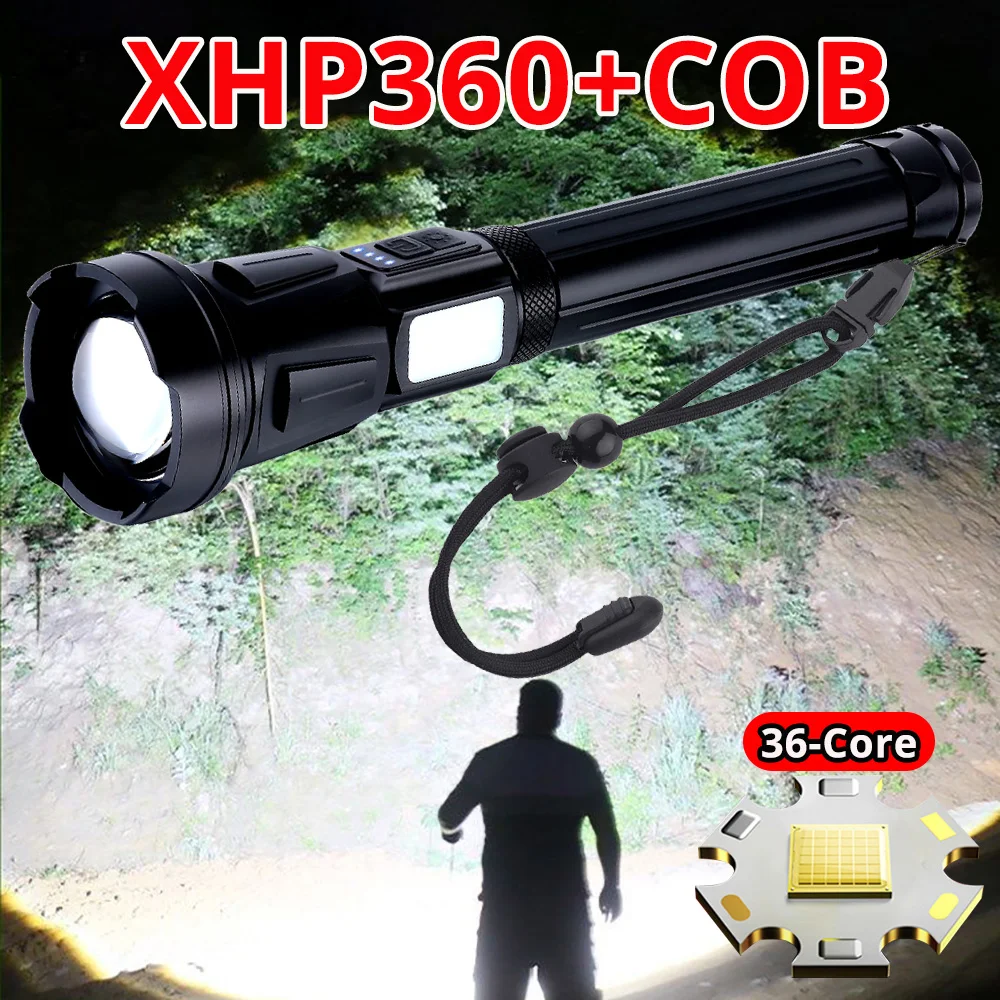 Newly Type-C XHP360-36core+COB Brightest LED Flashlight 10400mah Rechargeable Powerful Tactical Lantern Flash Light for Camping