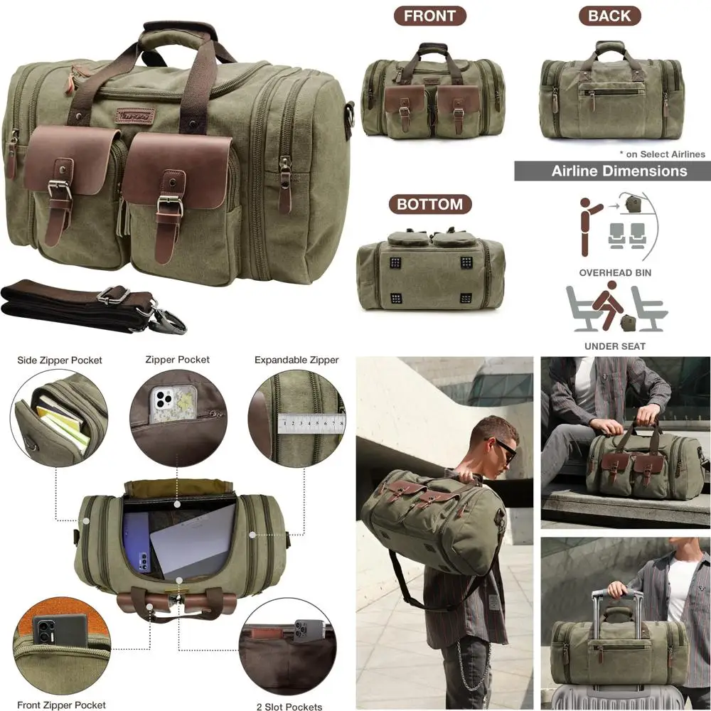 حقيبة سفر جلدية قابلة للتوسيع من القماش الخشن - سعة 60 لترًا، عطلة نهاية أسبوع مطورة للرحلات الليلية، حقيبة حمل مثالية للتجميع