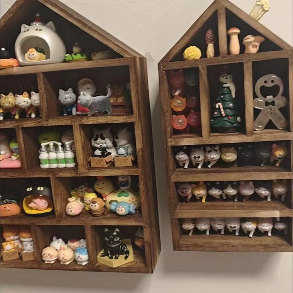 Set of 3 House Shaped Wooden Display Shelves Burnt Wood Finish Wall Mounted Compartment Storage Rack Mini Figurine Blind Box Figure Collectibles Organizer