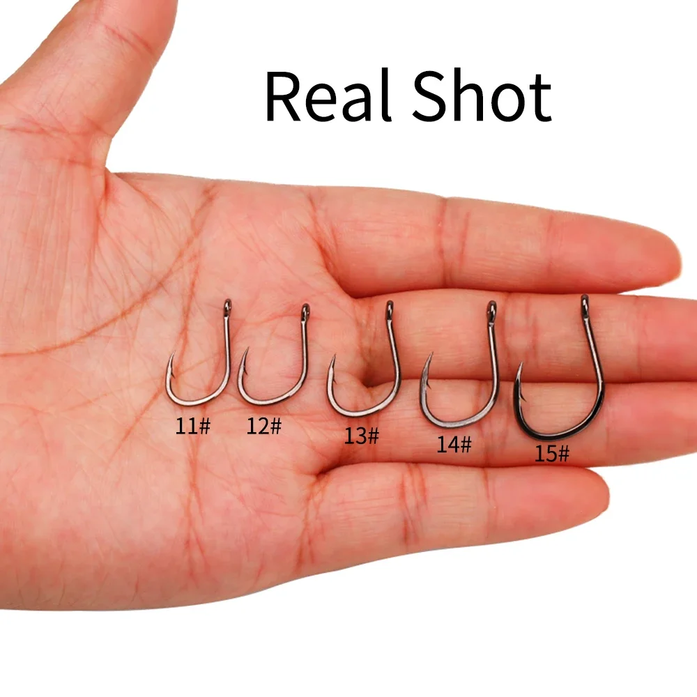 11 # -15 #   Ganchos únicos para pesca marítima, alça de gancho de tubo, haste curta, ponta compensada, aço carbono forjado, níquel preto, farpado, gancho único fac