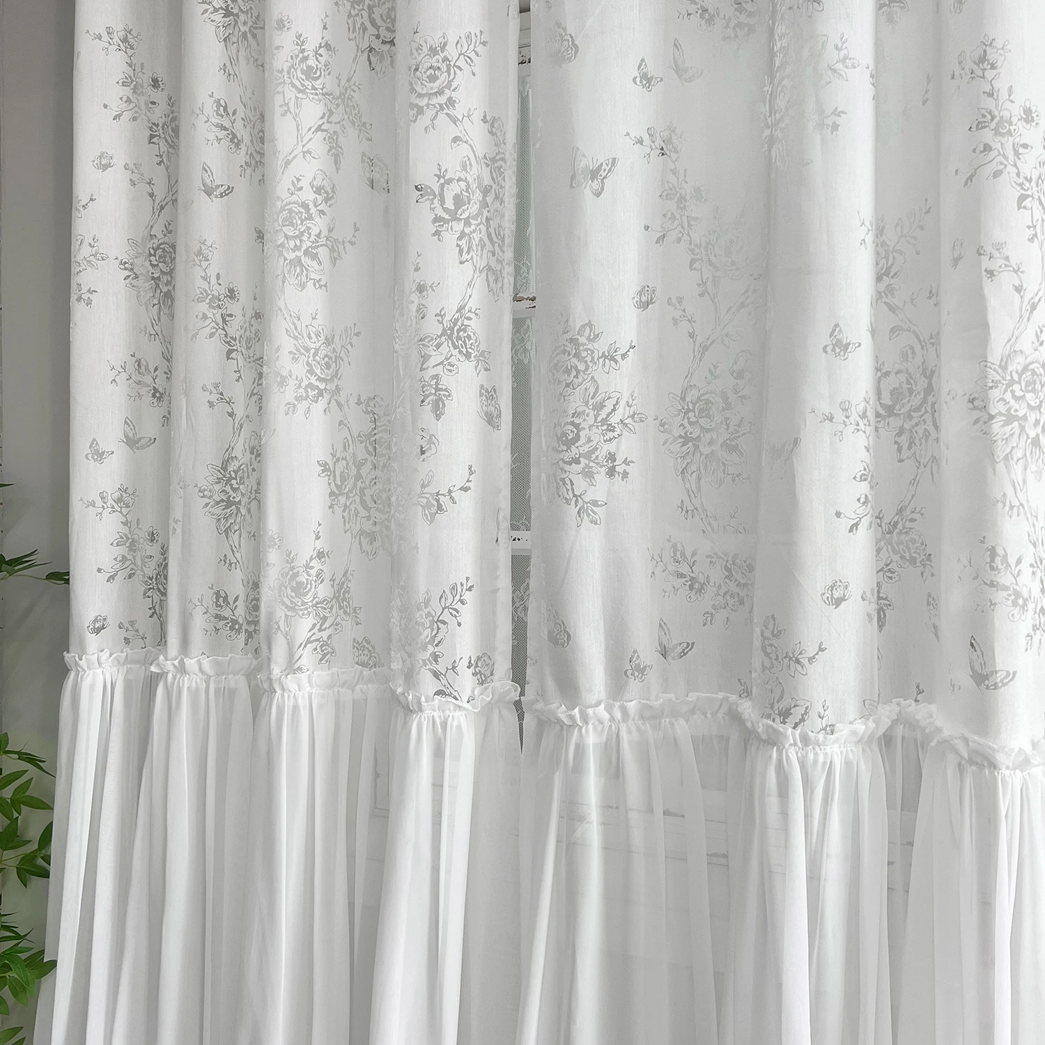 2 Panels French Romantic Rose Butterfly Flower Tulle Curtains Set, Elegant Soft Semi Sheer Curtains for Living Room, Bedroom