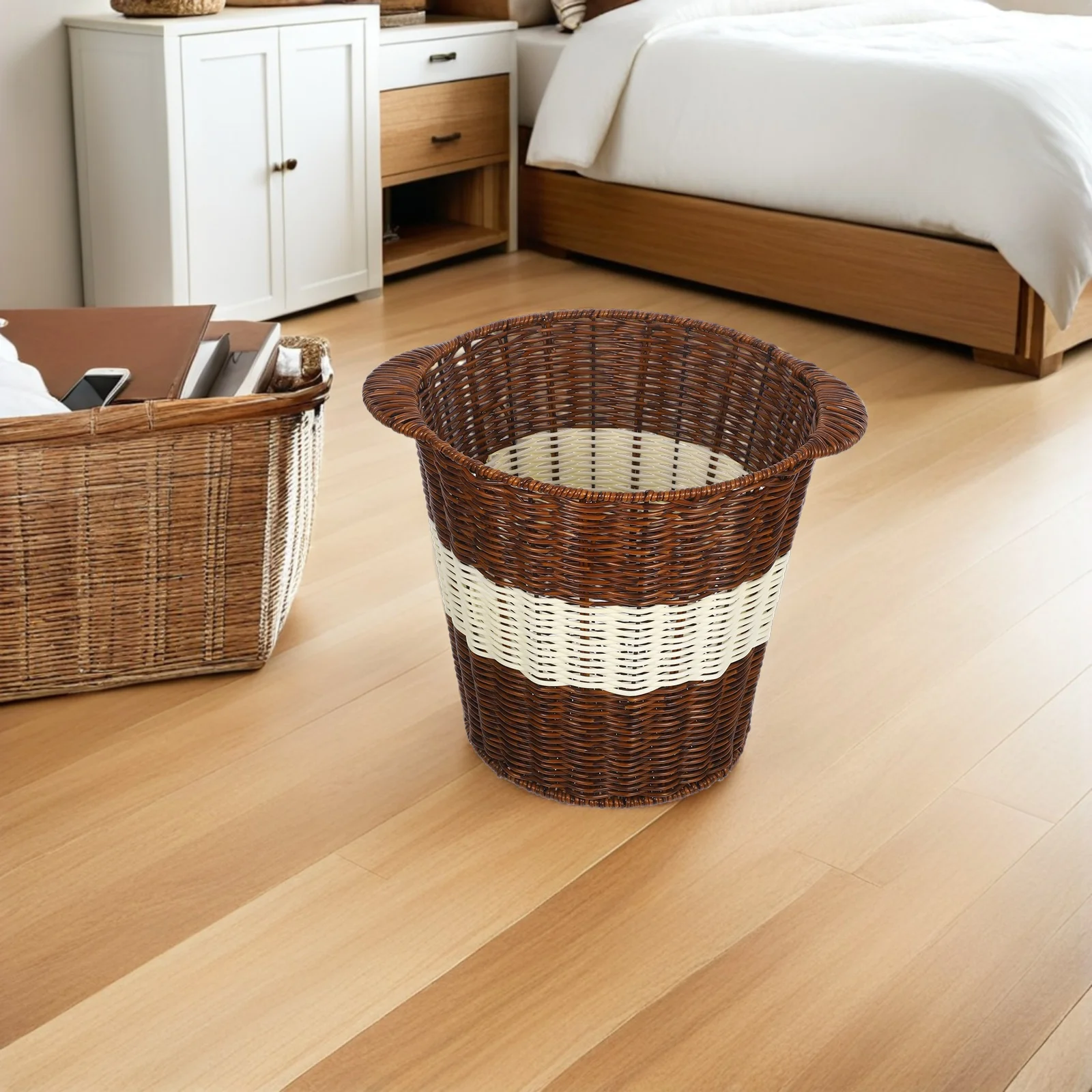 

Корзина для мусора в стиле ротанга, офисное мусорное ведро, ведро для хранения, мусорная корзина для спальни, ванная комната, пластик, имитация ткани