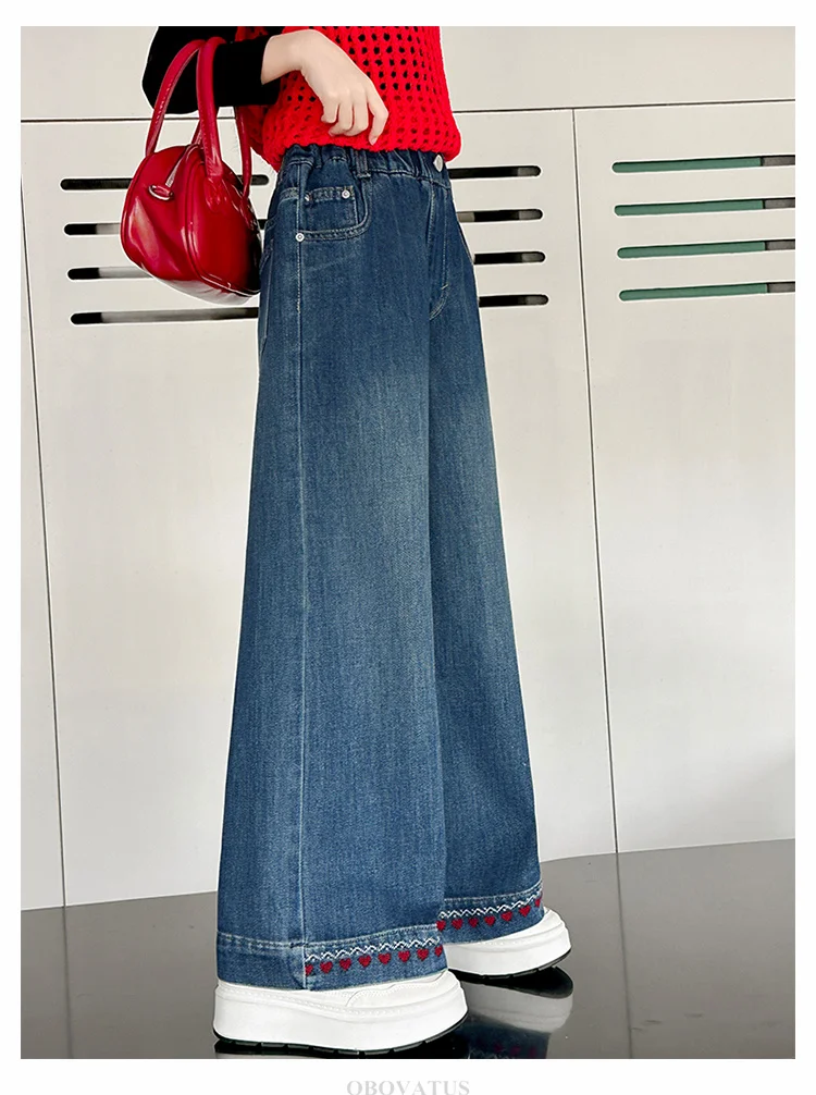 Herbstliche Kinder-Streetwear: Weite Jeans mit Herzsaum für Teenager-Mädchen, Trendige Blaue Denim-Hosen, Lockere Kinderhosen – Detail 7