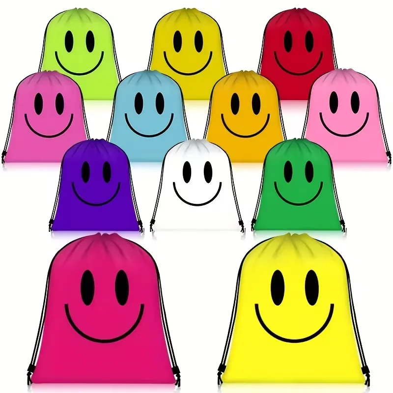 6Pcs Mixed Color Smile Face Drawstring Backpack, Multipurpose Storage Sack Bag for Shopping, Party, Holiday Gift Supplies