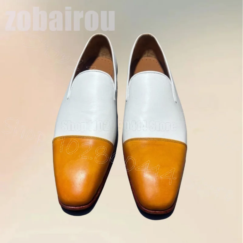 

Brown White Patchwork Square Toe Loafers Fashion Slip On Men Shoes Luxury Handmade Party Dating Banquet Office Men Dress Shoes
