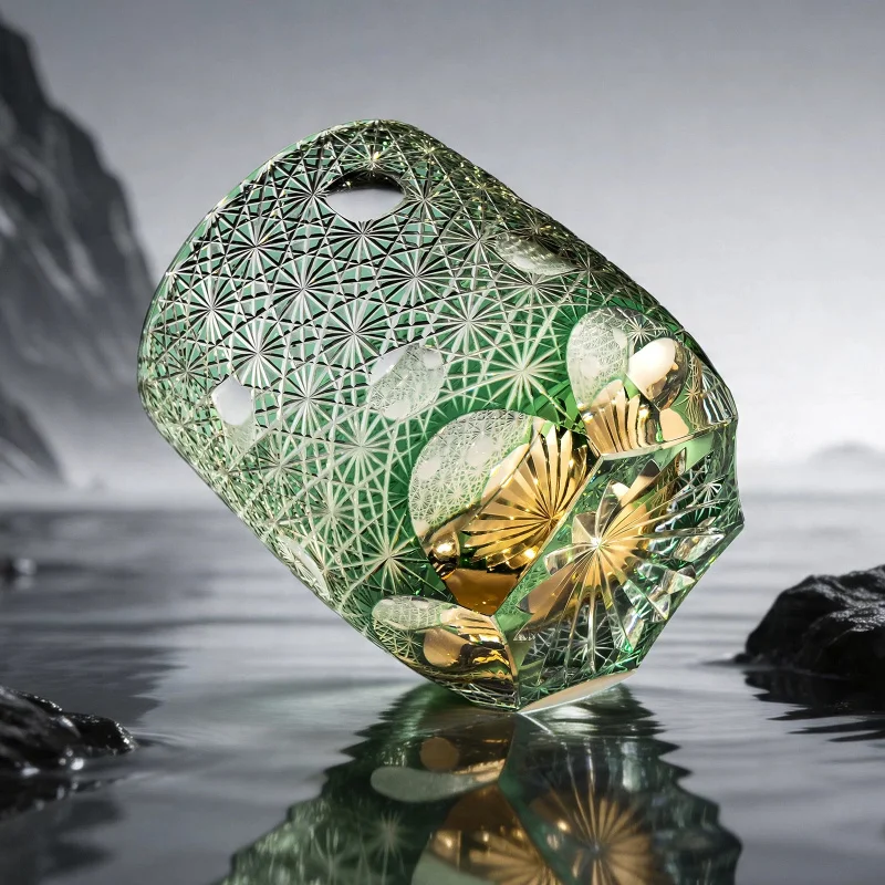 Handmade Edo Kiriko Japanese Glass Tumbler Green Daisy Art 300ml Traditional Cut Glass Cup for Whisky,Luxury Gift Dropshipping