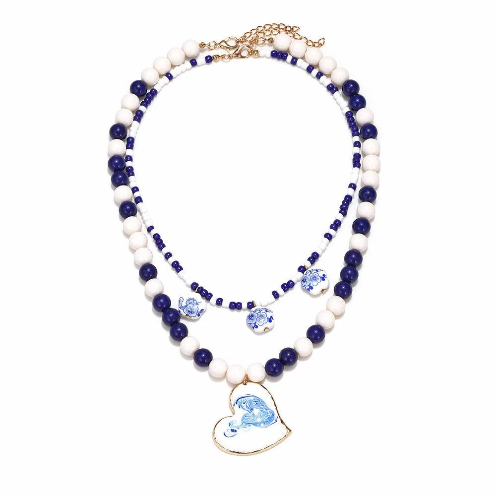 

Vintage Blue and White Ceramic Heart Pendant Necklace for Women Statement Multi-layers Beads Collarbone Accessories Jeweley