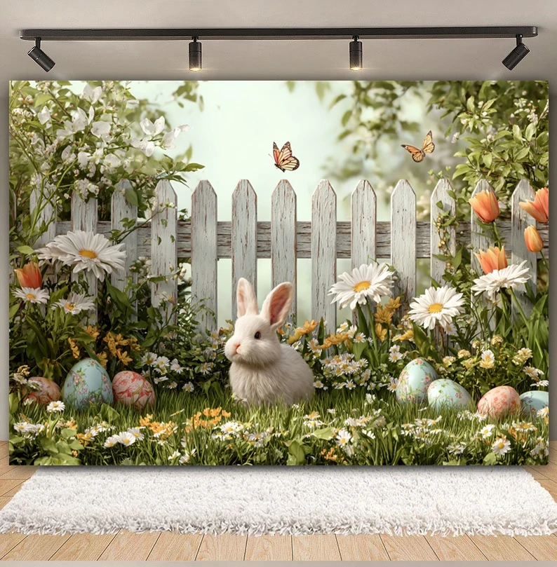 Spring Easter Garden Backdrop Courtyard Green Grass Fence Rabbit Eggs Flowers Kids Portrait Easter Party Photography Background