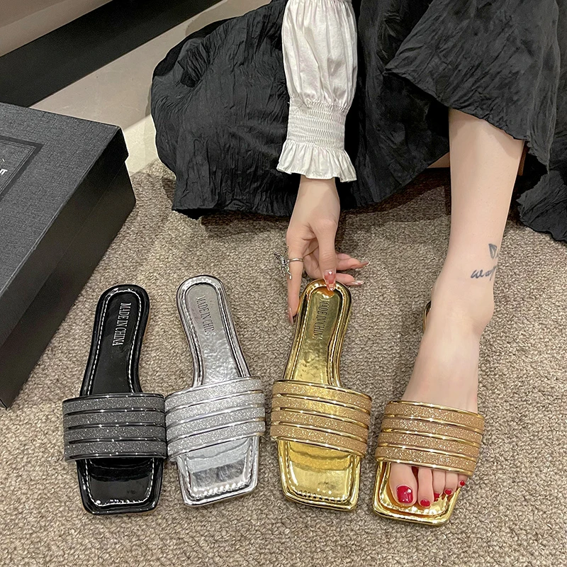 

2026 New Fashion Women's Slippers Square Toe Glitter Powder Slippers Flat Beach Flip Flops Casual Shoes