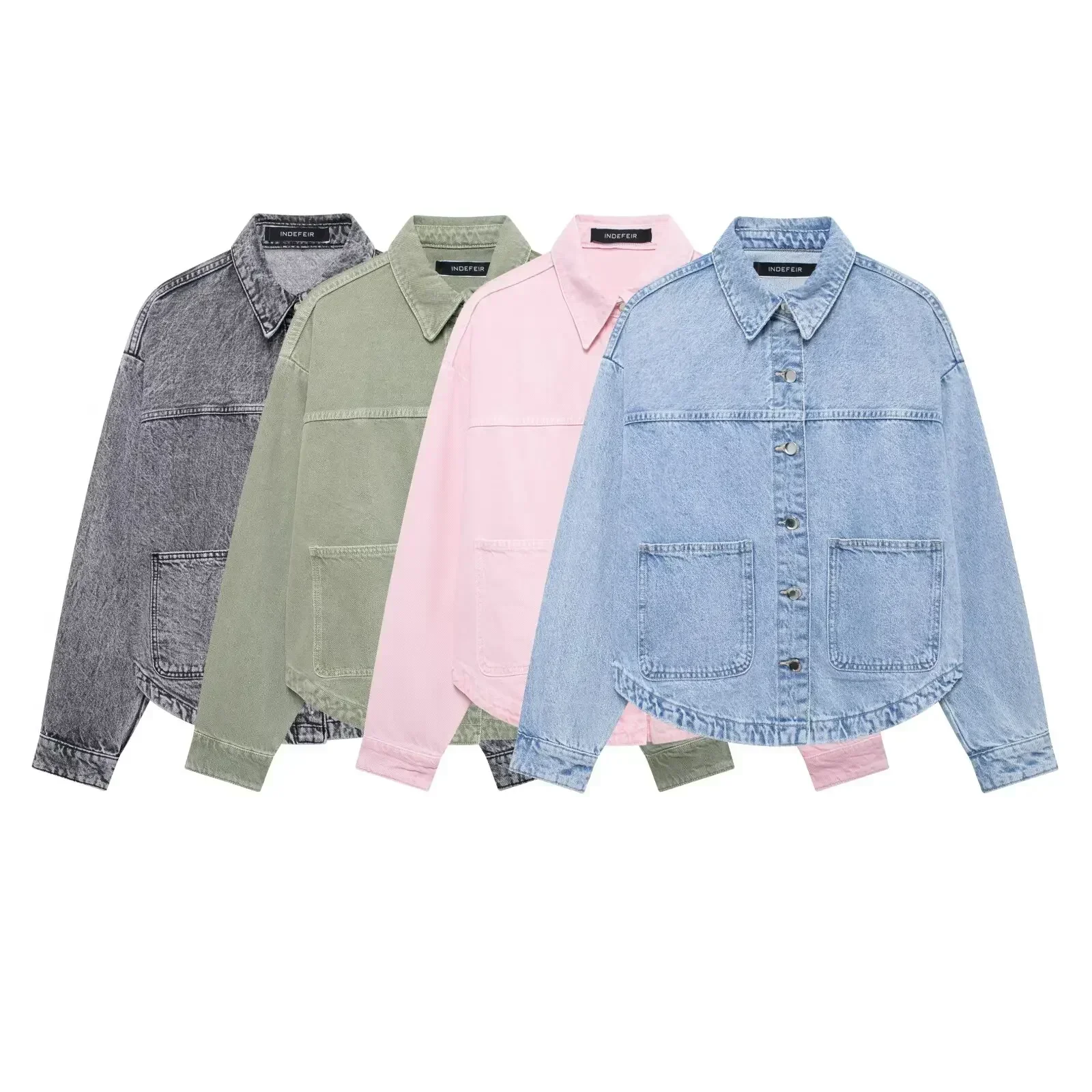 Women's new fashion patch pocket decoration casual lapel denim jacket coat retro long sleeved button up women's coat chic top