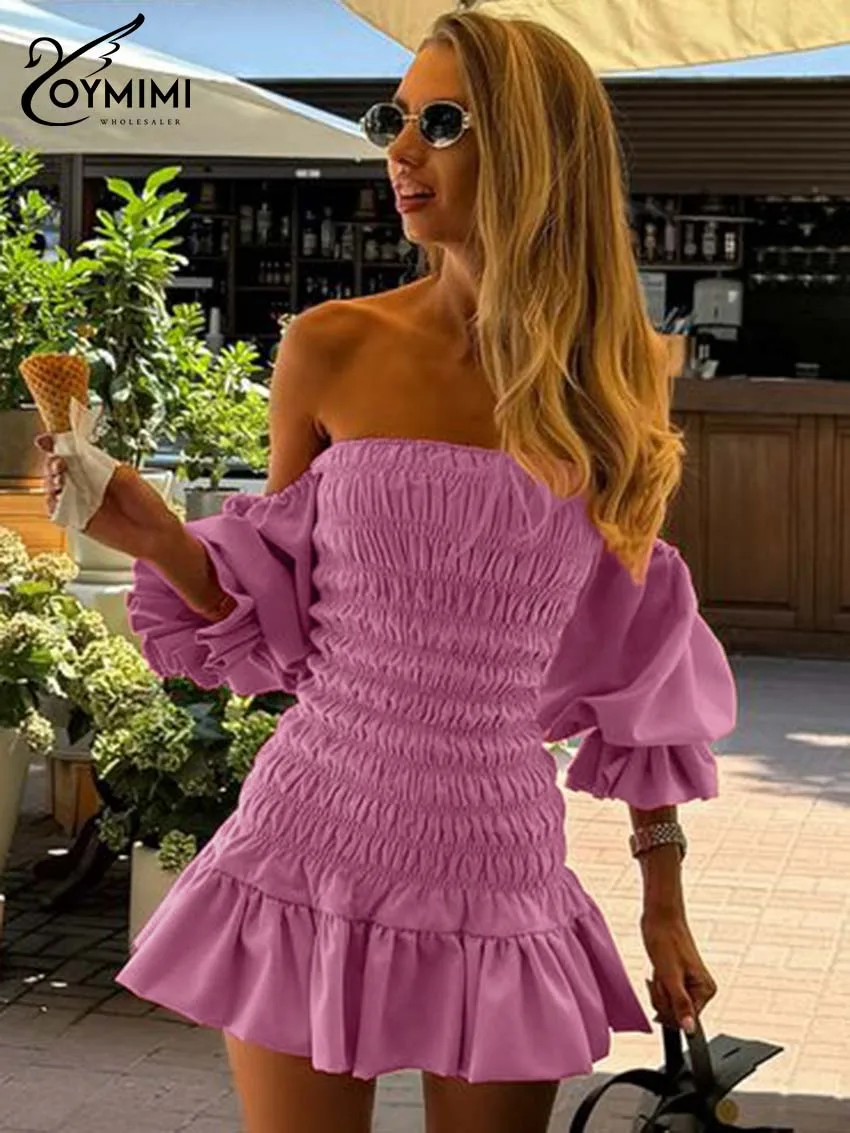 

Oymimi Elegant Pink Strapless Dresses 2024 Women Fashion Lantern Sleeve Slim Pleated Dresses Casual New Solid Mini Dress Female