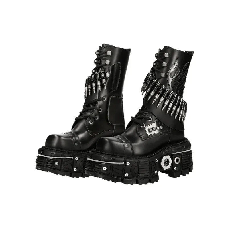 Sepatu Bot Motor Kulit Asli Model Tebal dengan Rivet dan Bullet, Gaya Street Rock Combat Boots Goth Punk Western Riding Boots