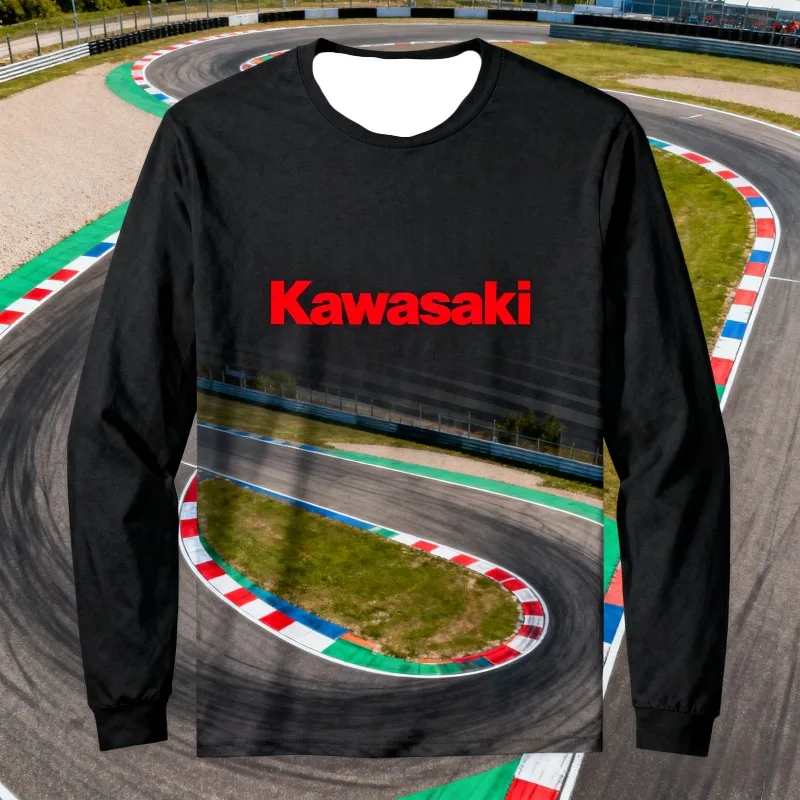 

MOTO-Black Long - Sleeve Shirt with Vibrant Red Kawasaki Logo and Racing Track Pattern