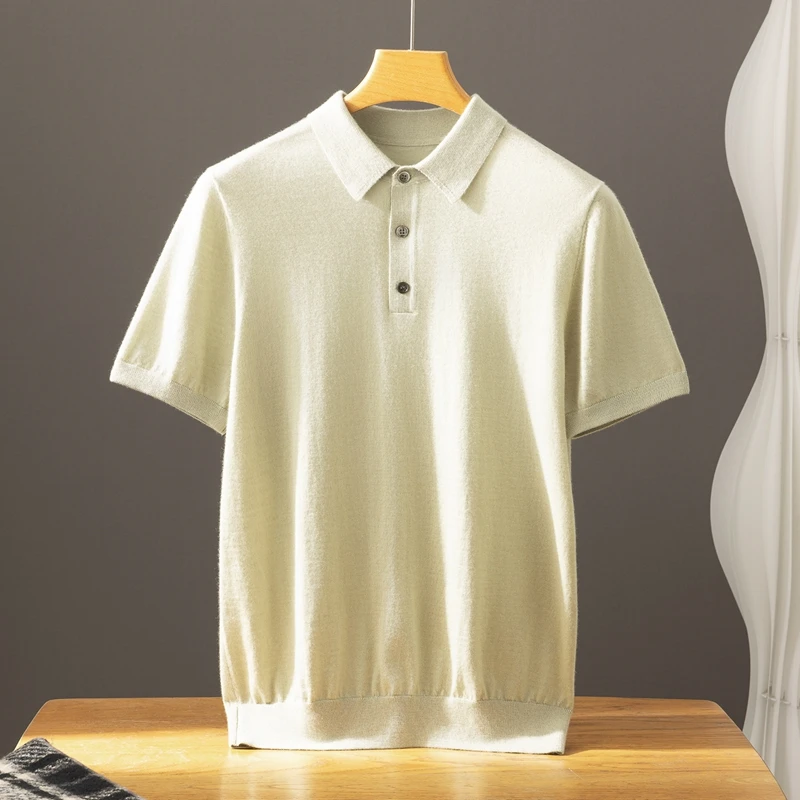 Spring Autumn 100% Cashmere Men Polo‑Neck Half‑Button Short‑Sleeve Knit Top Business‑Office Classic Daily Half‑Sleeve Sweater