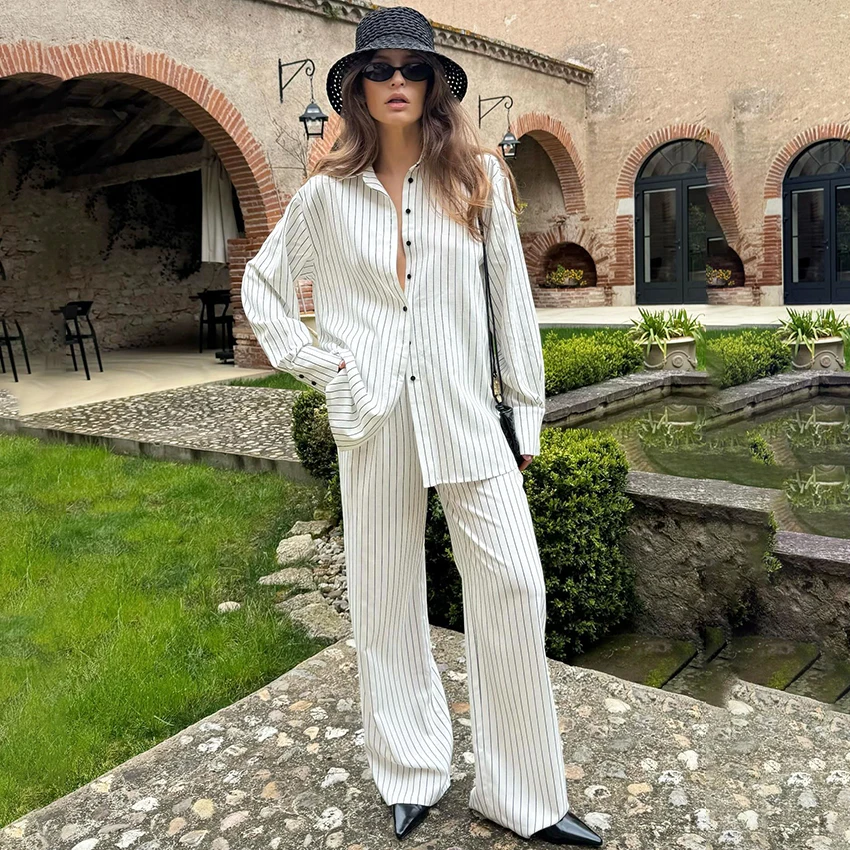 

Linad Elegant Stripe Long Pants Suits Autumn Long Sleeve Tops And Wide Leg Pants 2 Piece Set Office Trousers Outfits Female 2025