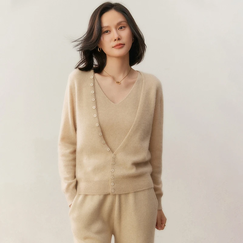 Otoño/Invierno, cárdigan de Cachemira de 100% para mujer, conjunto de dos piezas con tirantes, suéter de punto liso informal, Tops holgados con cuello en V, jersey cálido