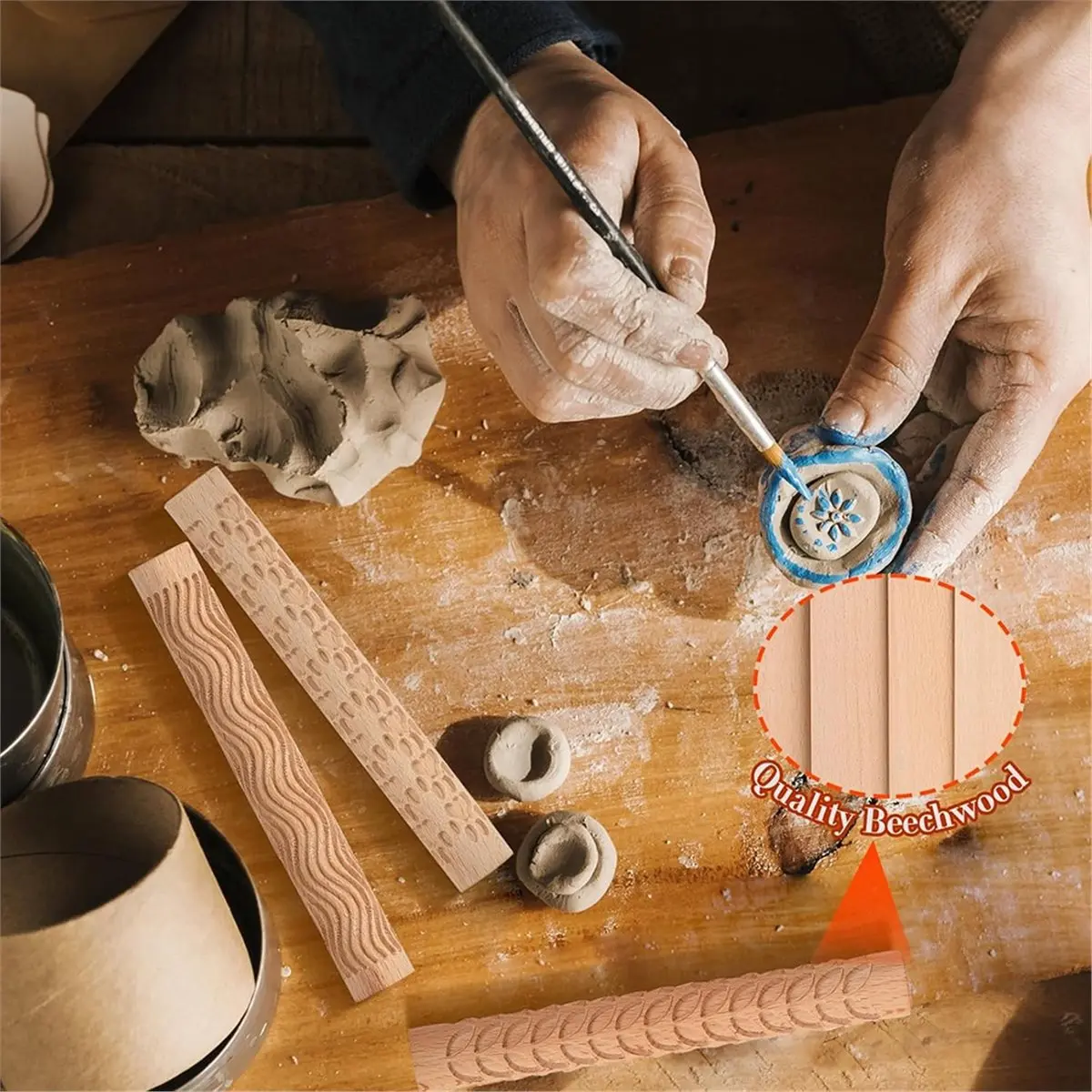 Wooden Texture Mud Pressed Roller Pattern Roller Rod Embossed Polymer Clay Rolling Pin Ceramic Pottery Art