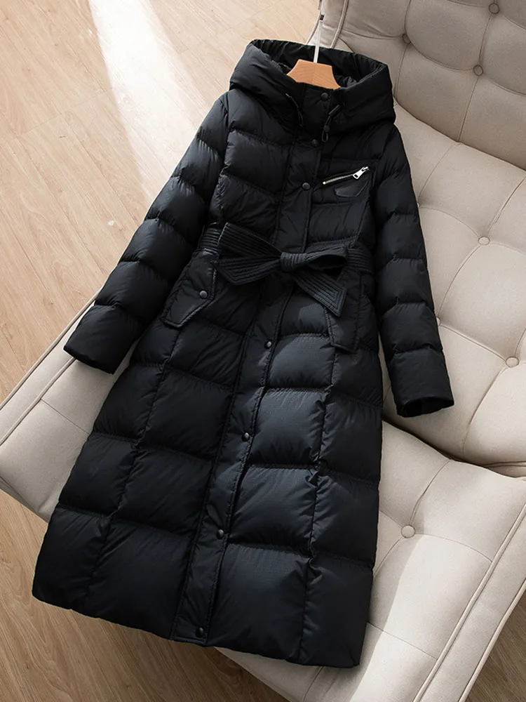 Winter Long Hooded Down Jacket For Women Solid Color Simple Lace Up Puff Coat American Fashion High Street Female Thick Overcoat