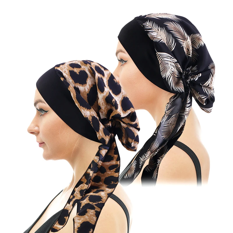 2PCS/LOT Wide Edge Elastic Headscarf Women Pre-Tie Printed Turban Fashion Lady Ethnic Durag Cap Headband Wrap Head Hat Sleepcap