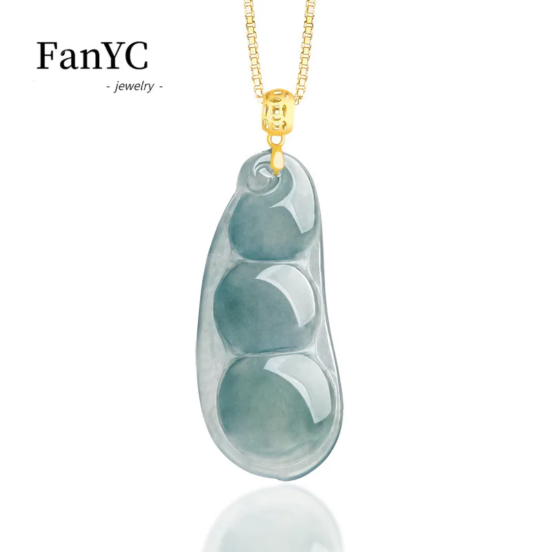 

Myanmar Jadeite Blue Water Blessed Bean Pendant 18K Gold Buckle Set High-grade Fashion Ice Jade Necklace Men &Women Holiday Gift