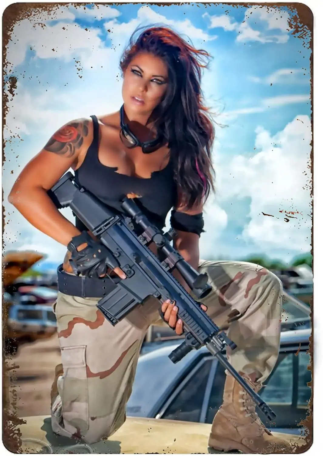 Sexy Hot Girl Metal Signs Vintage Tin Signs Pin Up Girl Military Man Cave Decor Female Soldier With A Gun World War Poster Retro