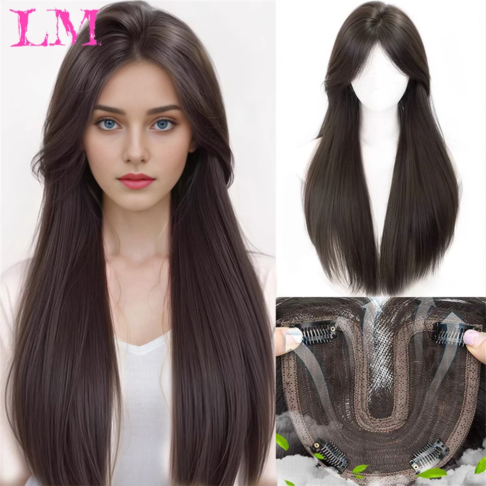 

LM Long Straight Hair with Black Brown Hairpin Bangs High Temperature Fiber Hair Topper Clip In hair Extensions